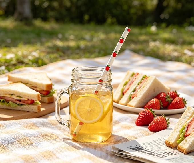 100 Pcs Disposable Straws, Biodegradable Paper Straws for Juices, Shakes, Smoothies, Party Supplies (ApplePattern)