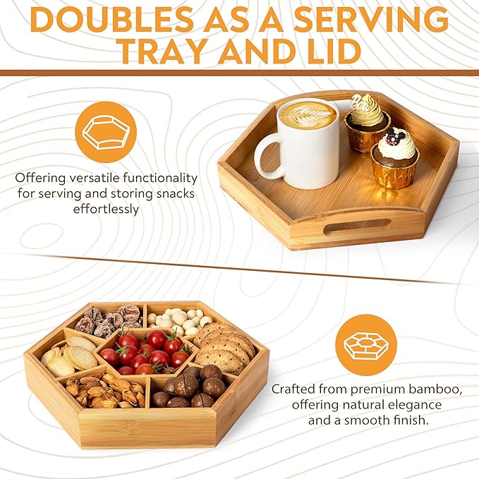 Snack and Serving Tray Set – 13" Divided Bamboo Appetizer Platter for Dry Fruit, Nuts, Cheese and Charcuterie (Bamboo, 13"x11")