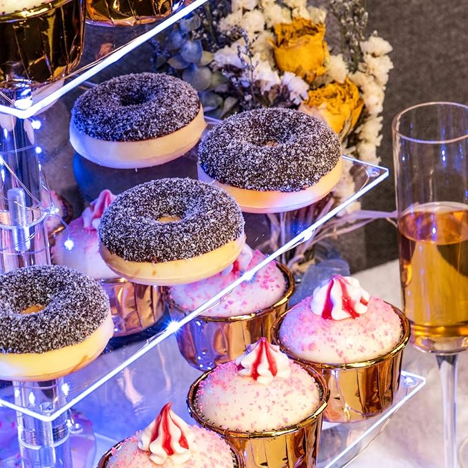 weddingwish Cupcake Stand, 4-Tier Square Acrylic Cupcake Display Stand with LED String Lights Dessert Tower Pastry Stand for Birthday or Wedding Party