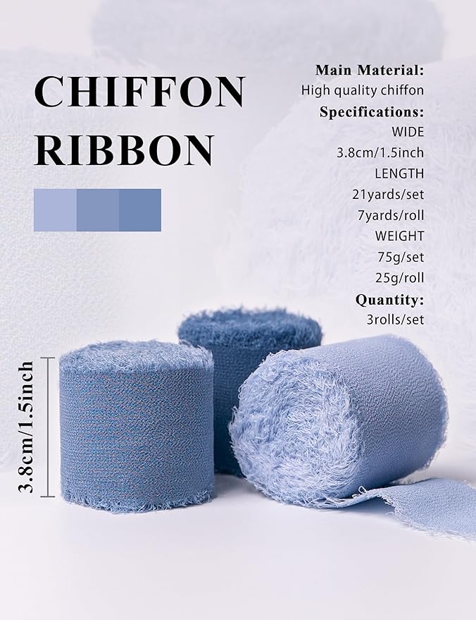 Chiffon Ribbon, Dusty Haze Pastel Blue 1.5''x21Yd Frayed Fringe Silk Ribbons for Gift Wrapping, Handmade Decor, Floral Vase, Mother's Day, Wedding, Graduation, Birthday, Engagement, 3 Rolls