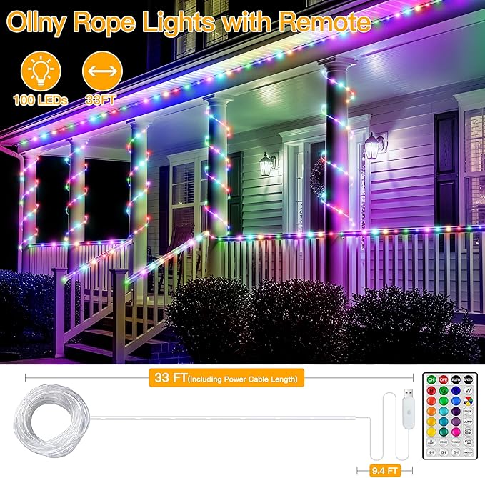 Ollny Rope Lights Outdoor Color Changing, 33FT 100 LED Waterproof Plug in Outdoor String Lights with Remote, 16 Colors Twinkle Christmas Lights for Outside Indoor Party Easter Holiday Decorations
