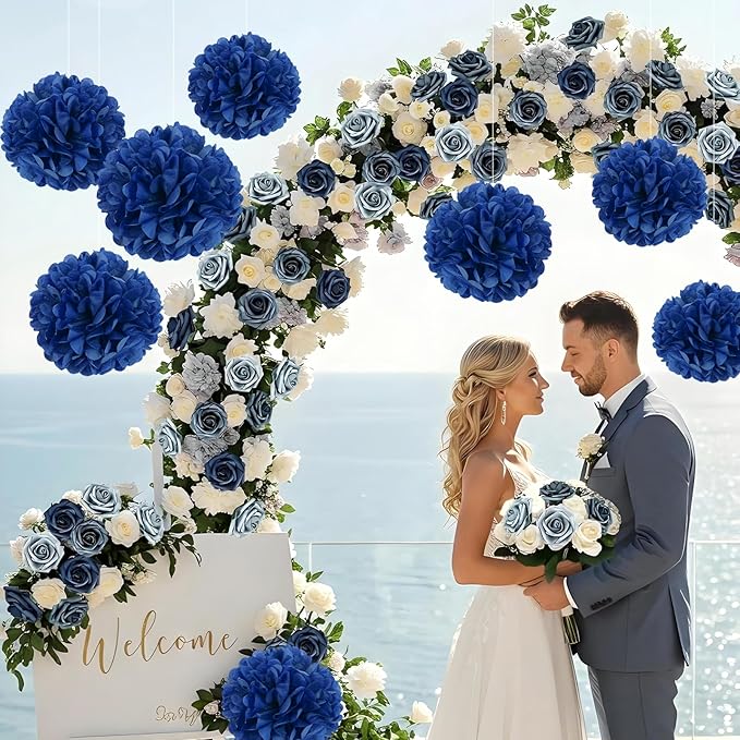 10 Pcs Paper Pom Poms Flowers for Wedding, Birthday Party, Baby Shower, Nursery Decor, Bachelorette Party Hanging Decor, Easy Joy (10 inch, Navy Blue)