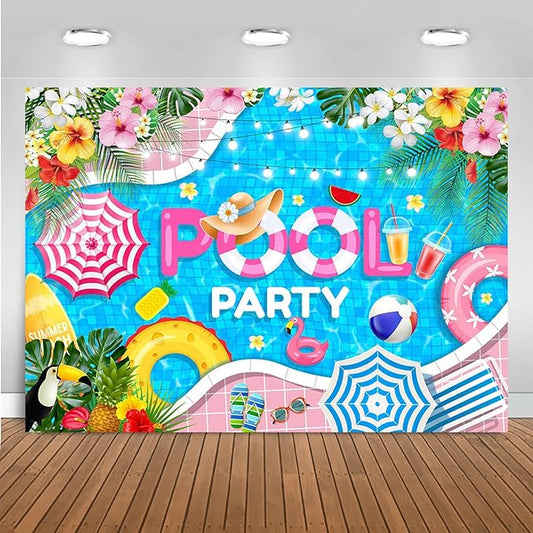 Mocsicka Summer Pool Party Backdrop Swimming Beach Ball for Kids Girls Birthday Party Decorations Pool Flamingo Lifebuoy Summer Photography Background (Blue, 10x7ft(120''x82''))
