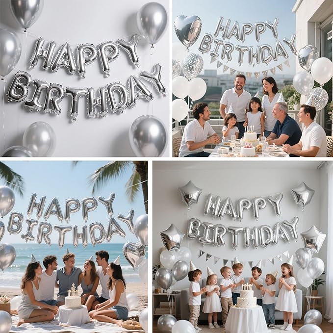 Silver Happy Birthday Balloon Banner Set -16 Inch Foil Letters Balloons, Reusable Birthday Decorations and Party Supplies, Suitable for Men and Women's Birthday Decorations，Party Backdrop