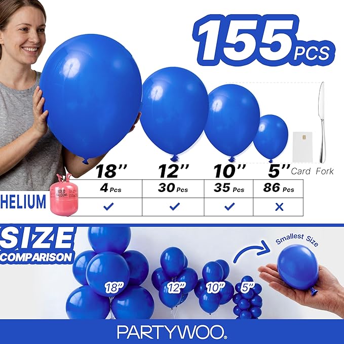 PartyWoo Royal Blue Balloons 155pcs Different Sizes Pack of 18 12 10 5 Inch Dark Blue Balloon Arch Kit for Baby Shower Gender Reveal Graduation Under The Sea Birthday Party Decorations Blue-Y59