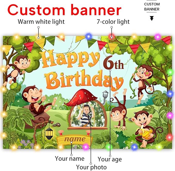 Custom Jungle Monkey Theme Birthday Decorations,Personalization Jungle Monkey Animal Birthday Decorations Banner