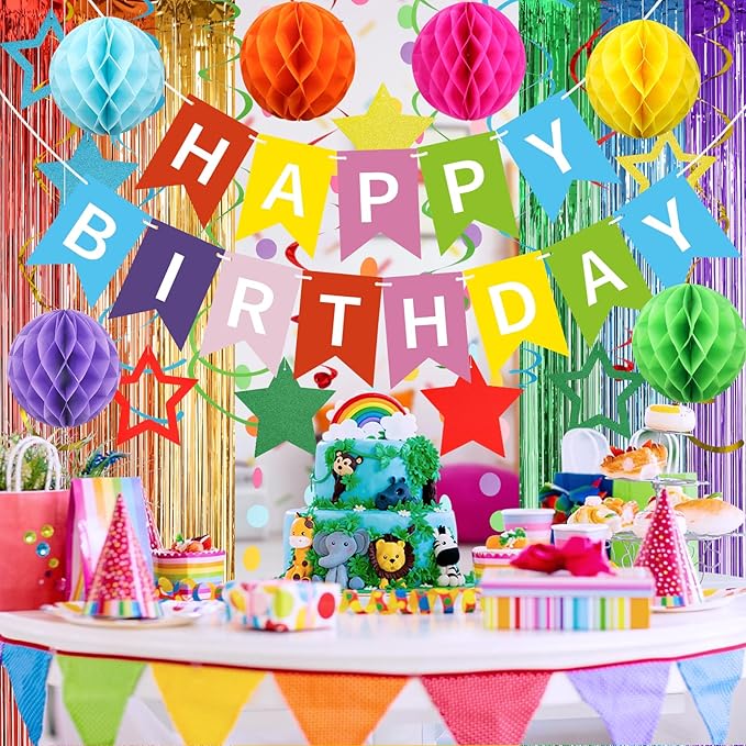 ZERODECO Birthday Decorations, Happy Birthday Banner with Paper Honeycomb, Star Hanging Swirl, Fringe Curtain, Garland, Party Decorations for Women Men Boys Girls (Multicolored)