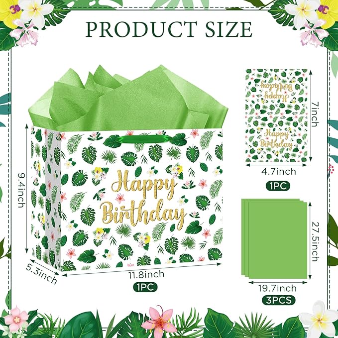 Yomaiha Tropical Hawaiian Birthday Gift Bag with Tissue Paper and Greeting Card, Summer Palm Leaves Happy Birthday Wrapping Paper Bag for Men Women Boys Girls Luau Party Decorations Supplies