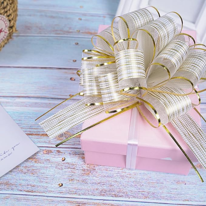 10 PCS Large Pull Bow Gift Wrapping Bows, Pull Bow with Ribbon for Wedding Gift Baskets, Party Gift Wrap Bows, Presents Decorating Bows (White)