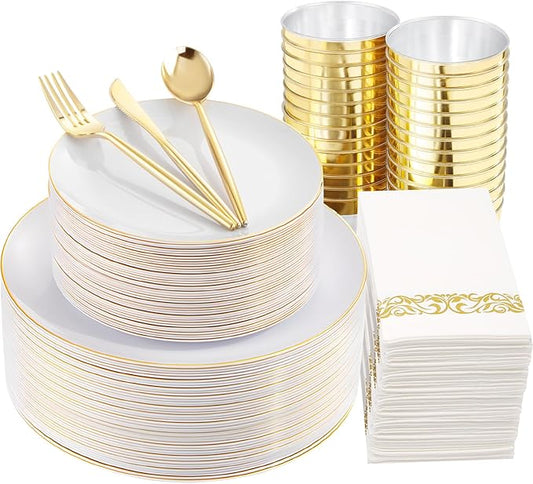 MirthMood 350Pcs White and Gold Dinnerware Set,Plastic plates Includes:50 Dinner Plates, 50 Dessert Plates, 150 Gold Plastic Cutlery,50 Paper Towels & 50 Cups for Party&Wedding