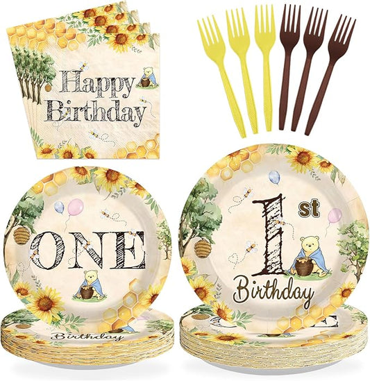 96Pcs Classic Bear 1st Birthday Decorations Watercolor Bear Plates and Napkins Cartoon Theme First Birthday Decoration Favors for Kids One Year Old Bday Baby Shower Party Supplies Serves 24