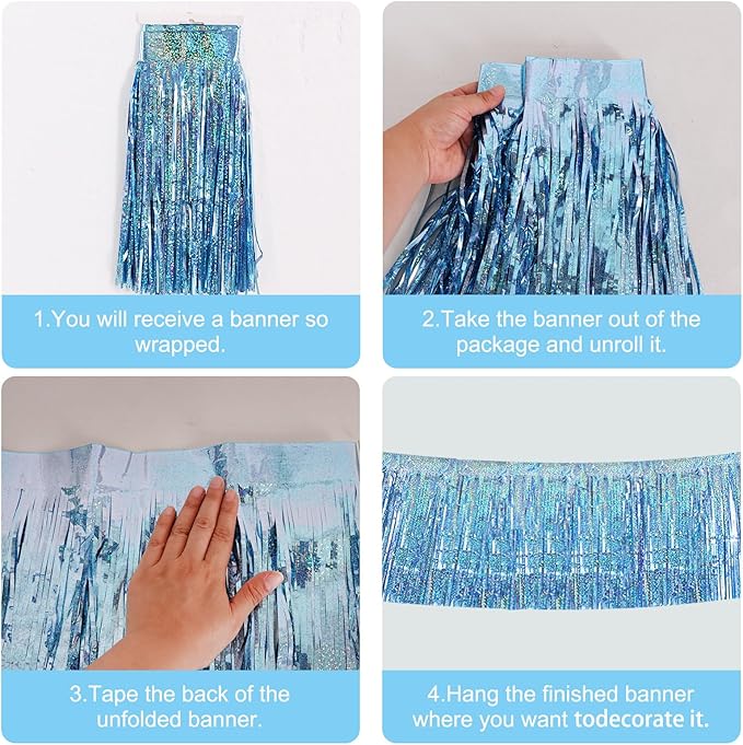 BEISHIDA 3 Packs Metallic Foil Fringe Garland Laser Light Blue Wall Hanging Tinsel Fringe Banners for Car Floats Bridal Shower Wedding Birthday Easter Graduation Holiday Party Decoration(30 Feet)