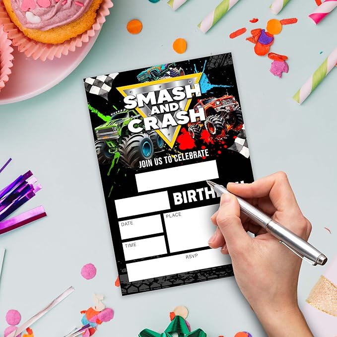 Truck Birthday Party Invitations–Smash&Crash–20 invitation Cards 4"x6" with Envelopes for Fun-Filled Birthday Celebrations.(012)