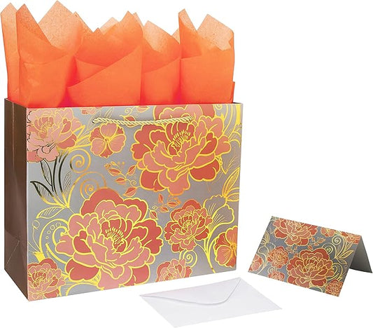 13" Large Rose Gold Gift Bag Set with Greeting Card and Orange Tissue Paper for celebrating birthdays,Mother's Day,Christmas,weddings,anniversaries,and more-13"x10.1"x5.2",1 Pcs.