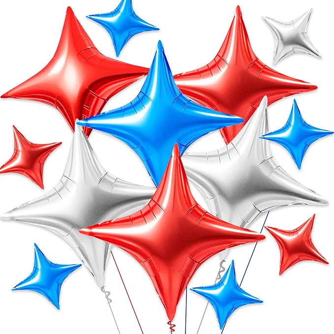 TONIFUL 30Pcs 26In&10In Star Balloons Blue Silver Red Four Pointed Foil Mini Star Mylar Balloons for Birthday Wedding Baby Shower Anniversary Engagement Independence Day Party Decor Supplies