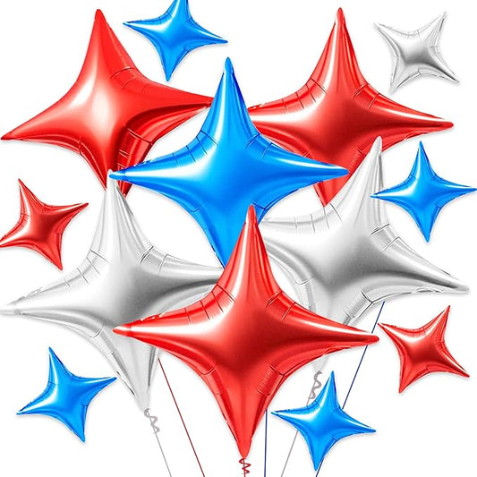 TONIFUL 30Pcs 26In&10In Star Balloons Blue Silver Red Four Pointed Foil Mini Star Mylar Balloons for Birthday Wedding Baby Shower Anniversary Engagement Independence Day Party Decor Supplies