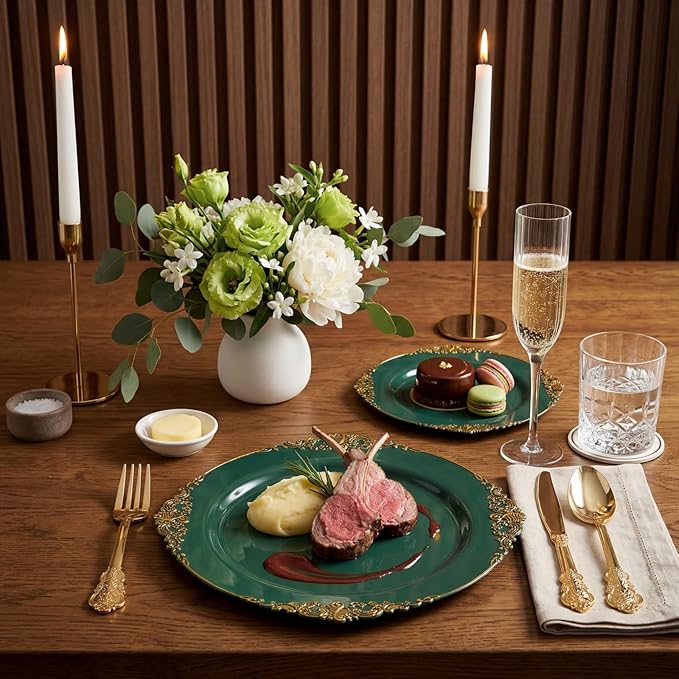 125PCS Green Plastic Plates - Green and Gold Disposable Plates - Fancy Vintage Plate with Gold Plastic Silverware Set for 25 Guests for Party Wedding Spring