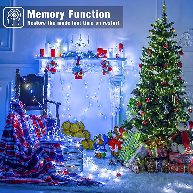 100FT 300 LED Outdoor String Lights, Plug in Christmas Lights Indoor Waterproof with 8 Modes, Connectable Twinkle Fairy Lights Clear Wire for Bedroom Home Patio Yard Party Decorations, Blue and White