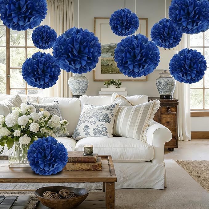 10 Pcs Paper Pom Poms Flowers for Wedding, Birthday Party, Baby Shower, Nursery Decor, Bachelorette Party Hanging Decor, Easy Joy (10 inch, Navy Blue)