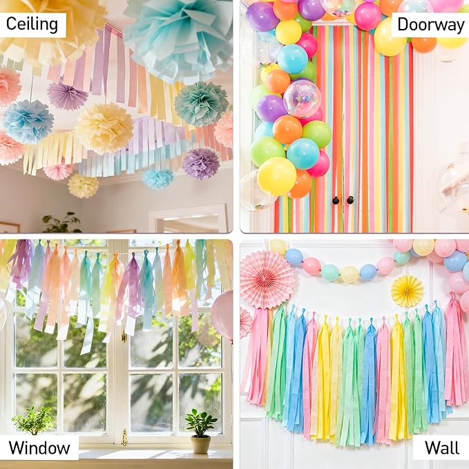 10 Rolls Crepe Paper Streamers, 5 Colors Pastel Streamers Party Decorations for Birthday, Baby Shower, Wedding, Bachelorette, Rainbow Party Backdrop, Kids DIY Crafts