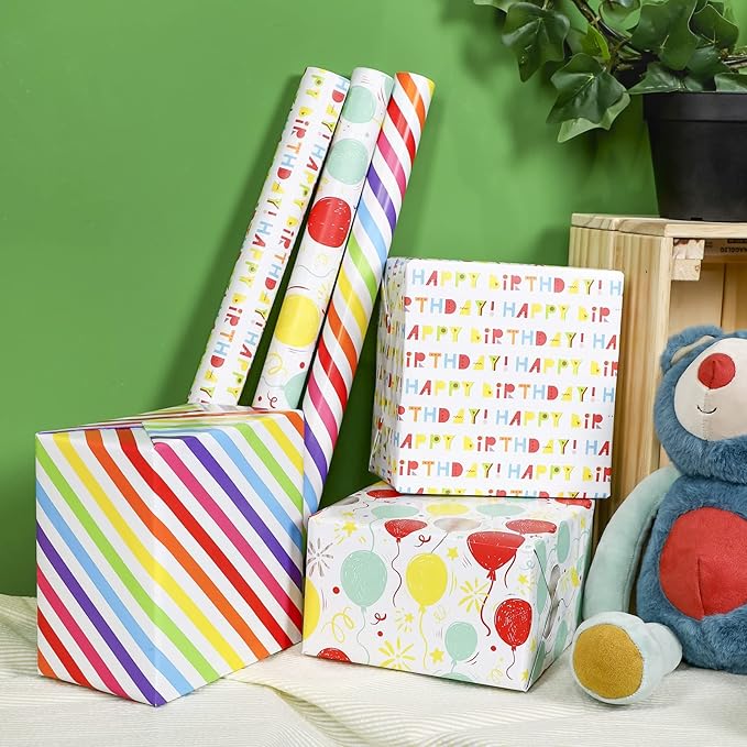 MAYPLUSS Birthday Wrapping Paper Roll - Mini Roll -17in x 120in Per roll - Red Balloon Stripes,Happy Birthday Lettering (42.3 sqft) for Party,Girl,Baby Shower,Boy Wedding, All Occassions