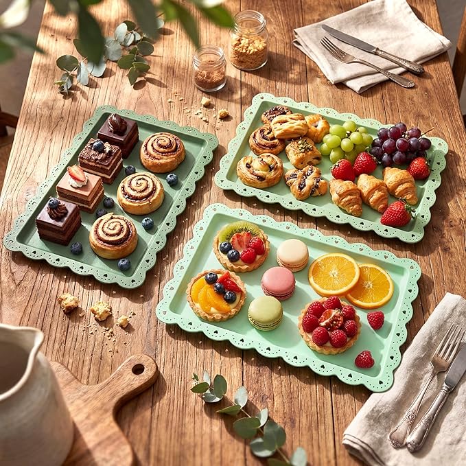 6 Pcs Green Serving Trays Plastic Platters Dessert Cupcake Holder Party Supplies 14.4 x 9.3 Inches Rectangular Cookie Snack Display Tray for Wedding Restaurant