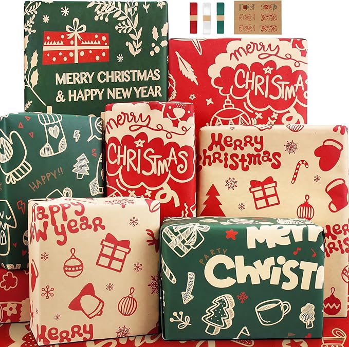 Merry Christmas Wrapping Paper Set, 6 Folded Sheets Green Red Kraft Xmas Wrap, Holiday Deer Trees Santa Snowman Kraft Winter Holiday New Year Gift Wrap for Women, Men, Boys, Girls