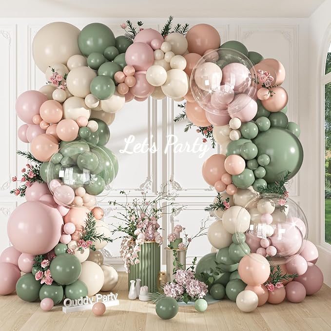Ouddy Party 149Pcs Pink and Sage Green Sand Balloon Garland Kit Different Sizes 18 12 10 5Inch, 6Pcs 18” Clear Balloons for Baby in Bloom Baby Shower Wedding Birthday Gender Reveal Party Decorations