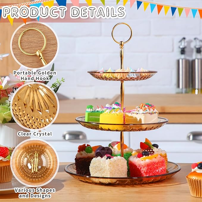 Patelai 8 Packs 3 Tier Crystal Acrylic Clear Cake Stand with Gold Round Holder Acrylic Cupcake Stand Holder for Home Wedding Holiday Birthday Baby Shower Tea Party (Clear Amber)