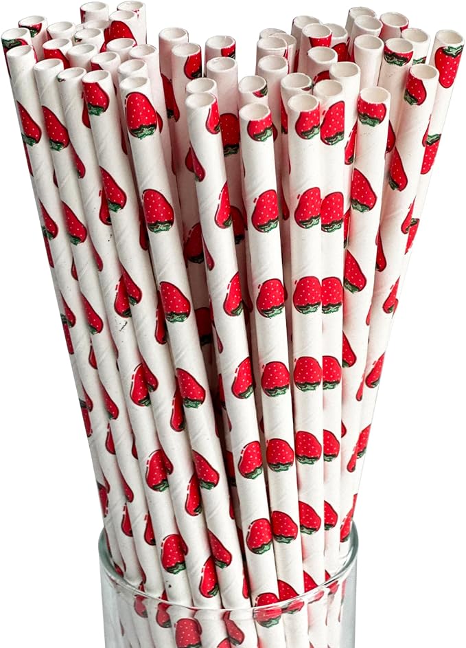 100 Pcs Disposable Straws, Biodegradable Paper Straws for Juices, Shakes, Smoothies, Party Supplies (Strawberry)