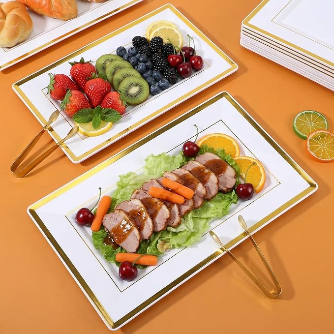 10 Pack White & Gold Plastic Serving Trays with 10 Stainless Steel Tongs - Elegant Disposable Platters for Parties, Weddings, Desserts