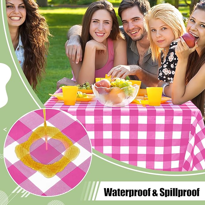 misaya 3 Packs Buffalo Disposable Table Cloth, 54 x 108 Inch Waterproof Plastic Tablecloth, Rectangle Hot Pink and White Checkered Table Covers for Picnic, Birthday, Party