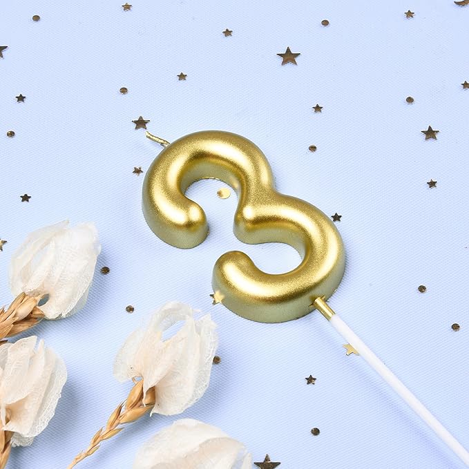 2.76 Inch Classical Gold 3 Number Birthday Candles, Gold Number Candles, Cake Number Candles, Party Celebration
