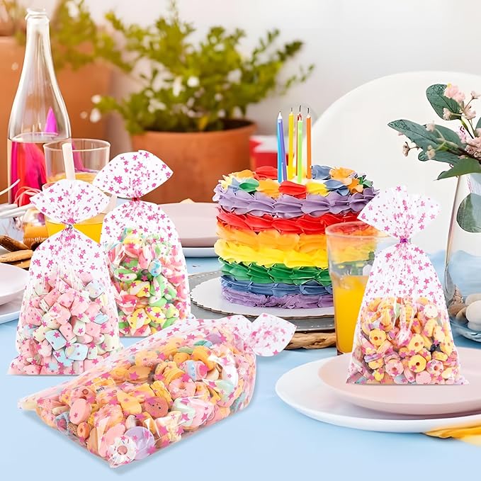 100Pcs Cellophane Treat Bags,7 X 12 Inches Pink Star Clear Cellophane Bags,100 Twist Ties,for Gift Wrapping,Packaging Candies,Dessert,Bakery, Cookies, Chocolate,Party Party Decorations
