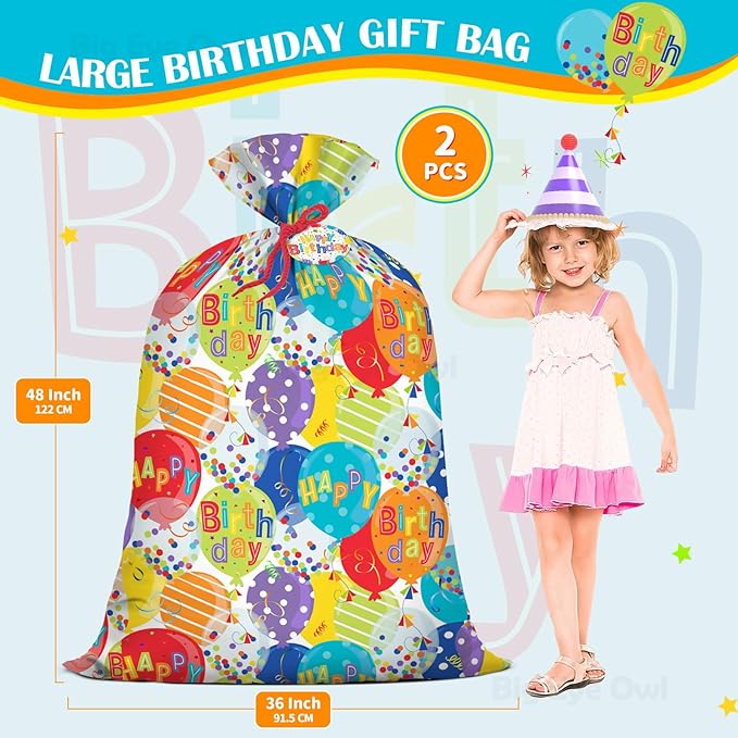 2Pcs Extra Large Jumbo Happy Birthday Present Bag - 36''x48'' XL Oversized Party Gift Wrapping Bags with Colorful Balloon Confetti Design