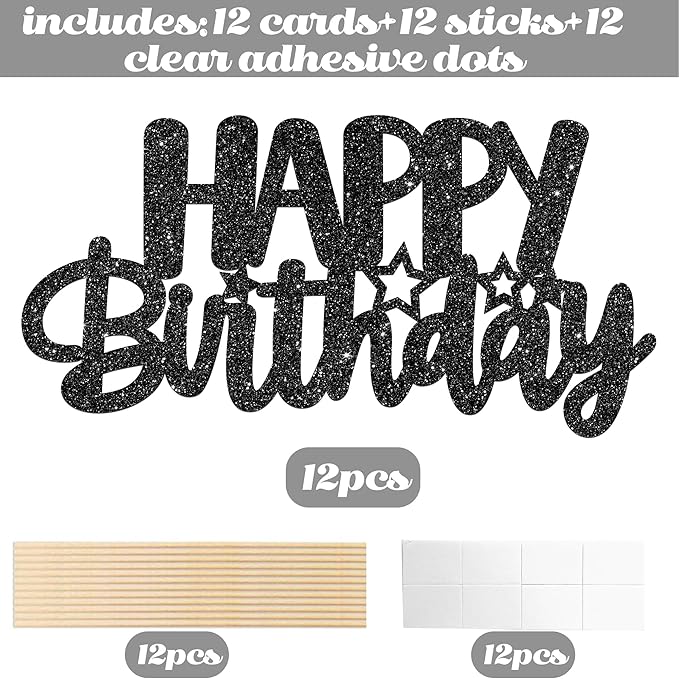 Birthday Centerpiece Sticks 12PCS Black Glitter Birthday Party Table Toppers Happy Birthday Sign Decorations Centerpieces for Anniversary Party Supplies