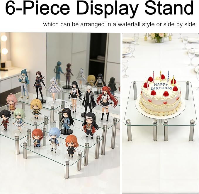 6 Pack Tempered Glass Display Stands Set, 13 Inch Rectangular Cake Cupcake Stand Dessert Display Riser Serving Platter Plate for Decoration Table Party Wedding Baby Shower