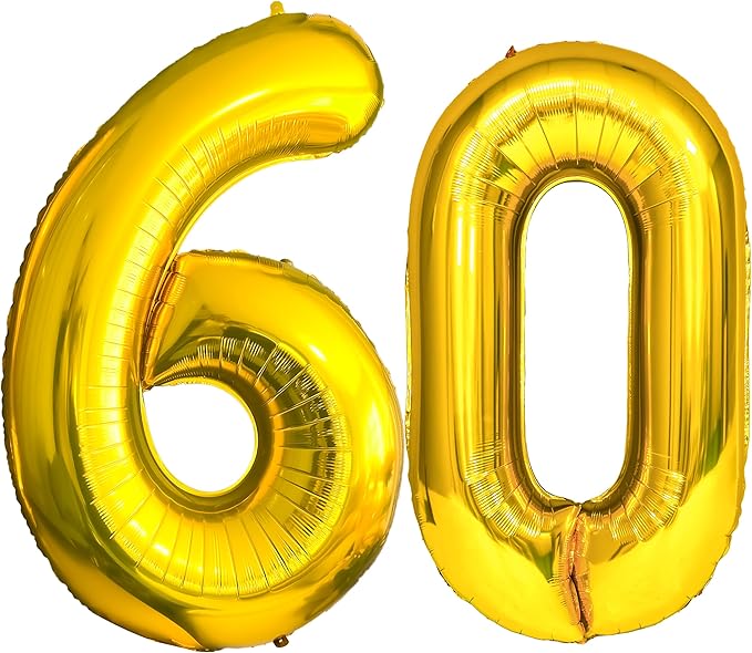 FIROMI 60 Number Balloons Gold Big Giant Jumbo Huge Foil Mylar 60 Balloon Numbers for 60th Birthday Party Anniversary Decorations 40-inches