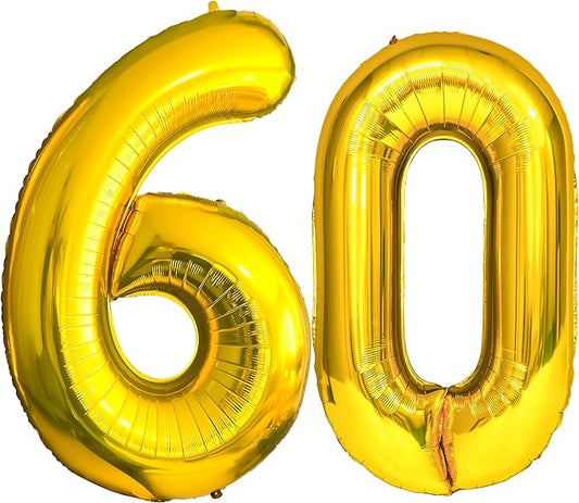 FIROMI 60 Number Balloons Gold Big Giant Jumbo Huge Foil Mylar 60 Balloon Numbers for 60th Birthday Party Anniversary Decorations 40-inches