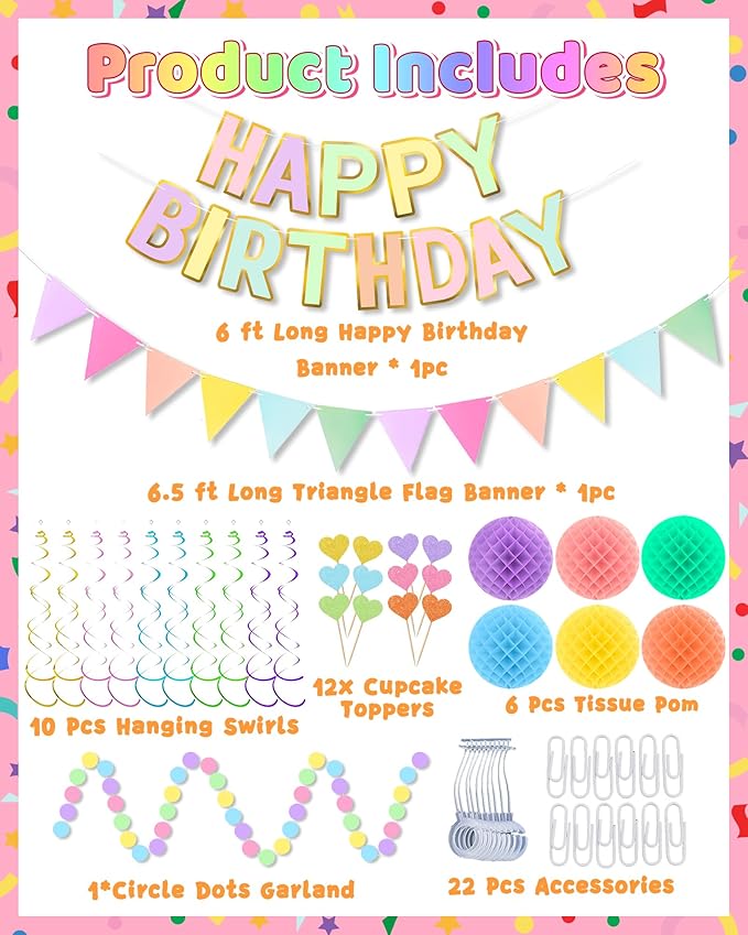 Oomloid Happy Birthday Party Decorations - Colorful Happy Birthday Banner Swirl Streamers Honeycomb Balls Circle Dots Garland Triangle Flag Bunting, Party Decor for Women Men Boys Girls