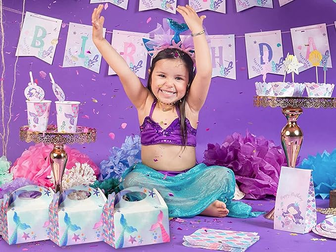 12 Pcs Small Party Treat Boxes, 6 Inch Candy Cookie Goodie Gift Bags Gable Box for Kids Birthday Party, Mermaid