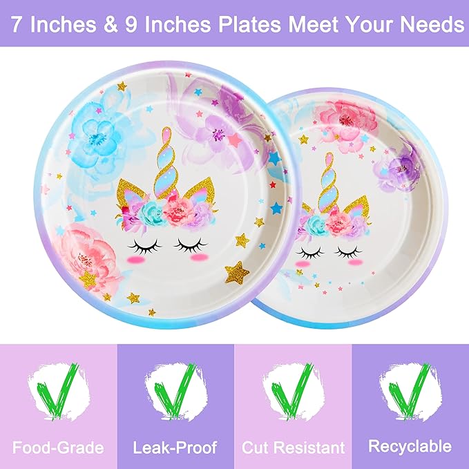 96 Pcs Birthday Party Supplies Rainbow Horned Horse Plates Napkins Forks Tableware Set Disposable Decorations for Girl Birthday Party, Serves 24 Guests