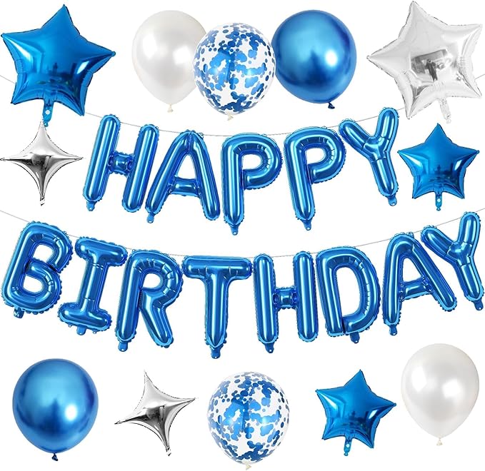 Happy Birthday Balloon Banner Blue Silver, 16 Inch Mylar Foil Letter Balloons, Reusable Birthday Decorations with Blue and Silver Balloons, Inflatable Party Supplies for Women Men Boys Girls Decor