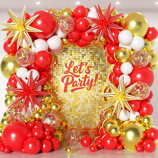 153Pcs Red and Gold White Balloons Garland Arch Kit with Stars - 22 18 12 10 5 inch Different Size Red White Metallic Gold Confetti Latex Balloon for Birthday Valentine's Day Party Decorations