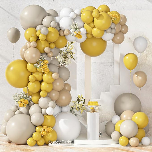 Ouddy Party 149Pcs Mustard Yellow Balloon Arch Garland Kit Different Sizes 18 12 10 5Inch, 6Pcs 18” Sand White Pastel Yellow Balloons for Sunflower Bee Wedding Birthday Party Decorations