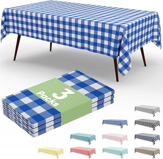 Smiry 3 Pack Blue Gingham Disposable Tablecloths - 54" x 108" Heavy Duty Plastic Table Cloth, Waterproof Buffalo Plaid Table Covers for Picnic, Banquets, Outdoor Parties
