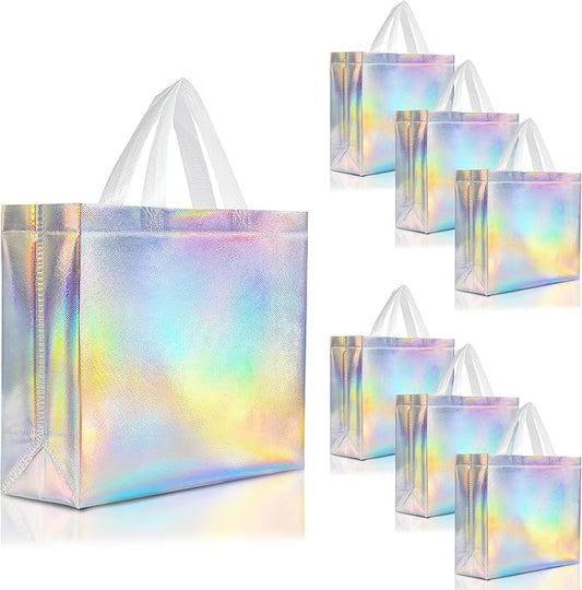 Nush Nush Iridescent Large Gift Bags Bulk - Set of 30 Holographic Reusable Gift Bags with Handles - Goodie Bags for Birthday Parties, Wedding, Small Business, Corporate Events - 13" W x 5" D x 11" H