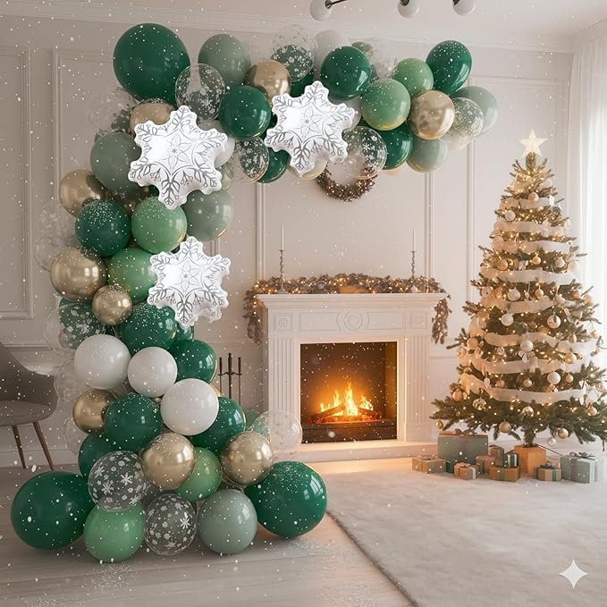 Winter Wonderland Balloon, Dark Sage Green Pastel Green White Metallic Gold Xmas Latex Balloons with Snowflake Foil Balloon for Christmas Winter Onederland Forest Birthday Baby Shower Decorations