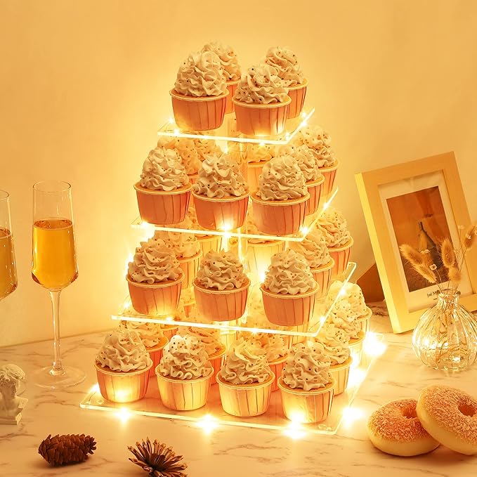 Suneerplay 4 Tier Cupcake Stand with LED String Light, Acrylic Cupcake Display Stand, Square Cupcake Tower Holder, Cup Cake Stand for Birthday, Wedding, Baby Shower, Party