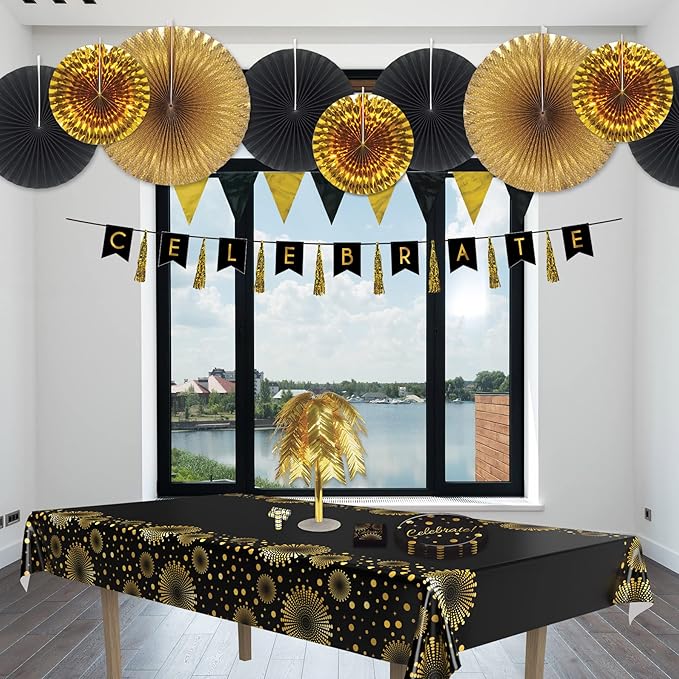 Beistle Black & Gold Pennant Banner – 12-Foot All-Weather Flag Garland with Alternating Triangle Pennants, Indoor or Outdoor Party Decoration for Celebrations, Graduations, or New Year’s Events, 12’ x 11”